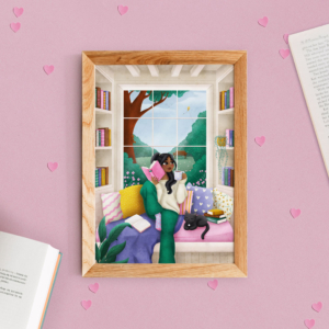 Cozy reading girl black hair | Art Print